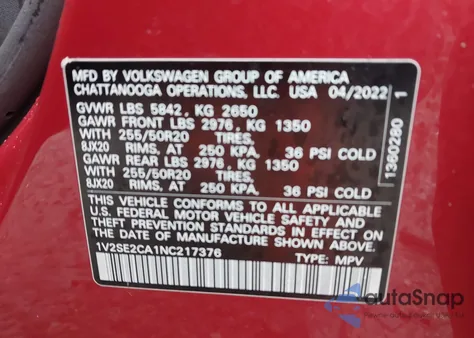 2022 Volkswagen Atlas Cross Sport 3.6L V6 Sel R-Line from USA, damaged, VIN 1V2SE2CA1NC217376